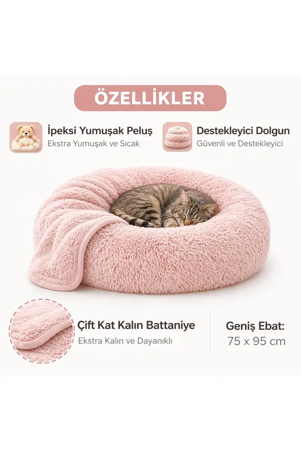 Donut Kedi Yatağı 2’li Set Battaniyeli Peluş Kedi Köpek Yatağı 50 60 70 cm